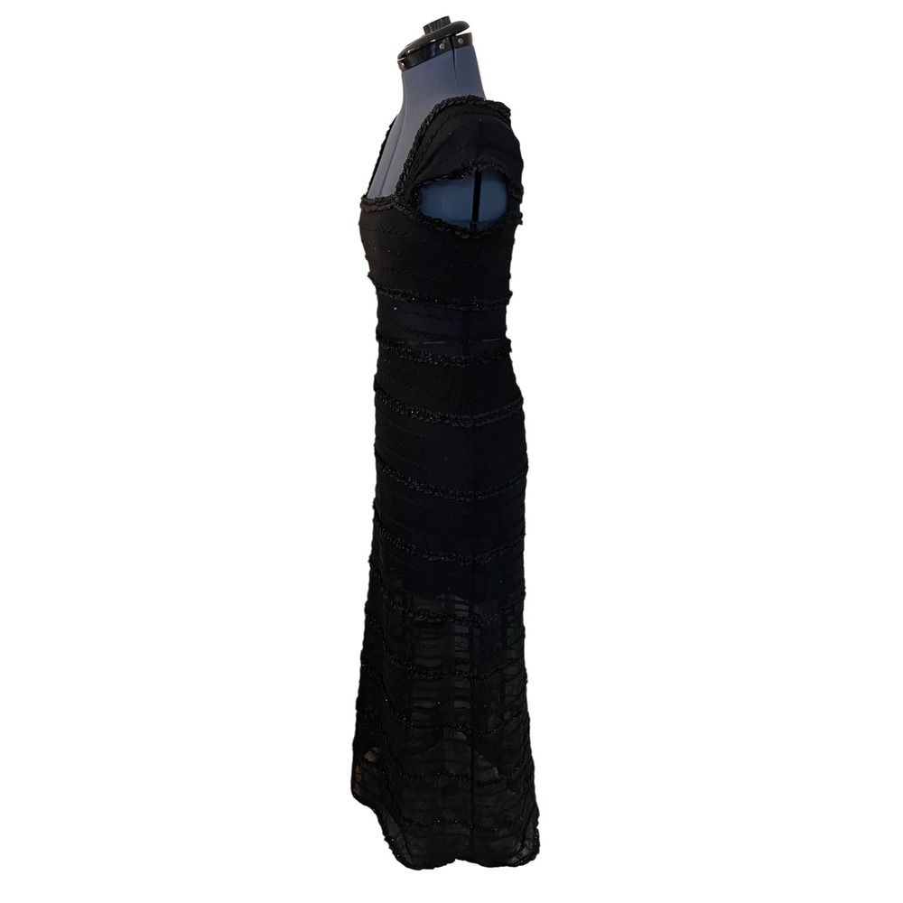 Tadashi Black Beaded Ruffle Tiered Sheer Mesh Bands Maxi Formal Dress Y2K Prom S - Picture 5 of 15